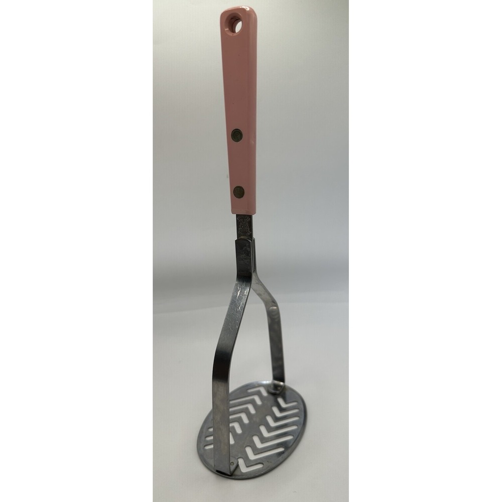 Ekco Forge Stainless Steel Kitchen Utensil Potato Masher Pink Handle Vintage